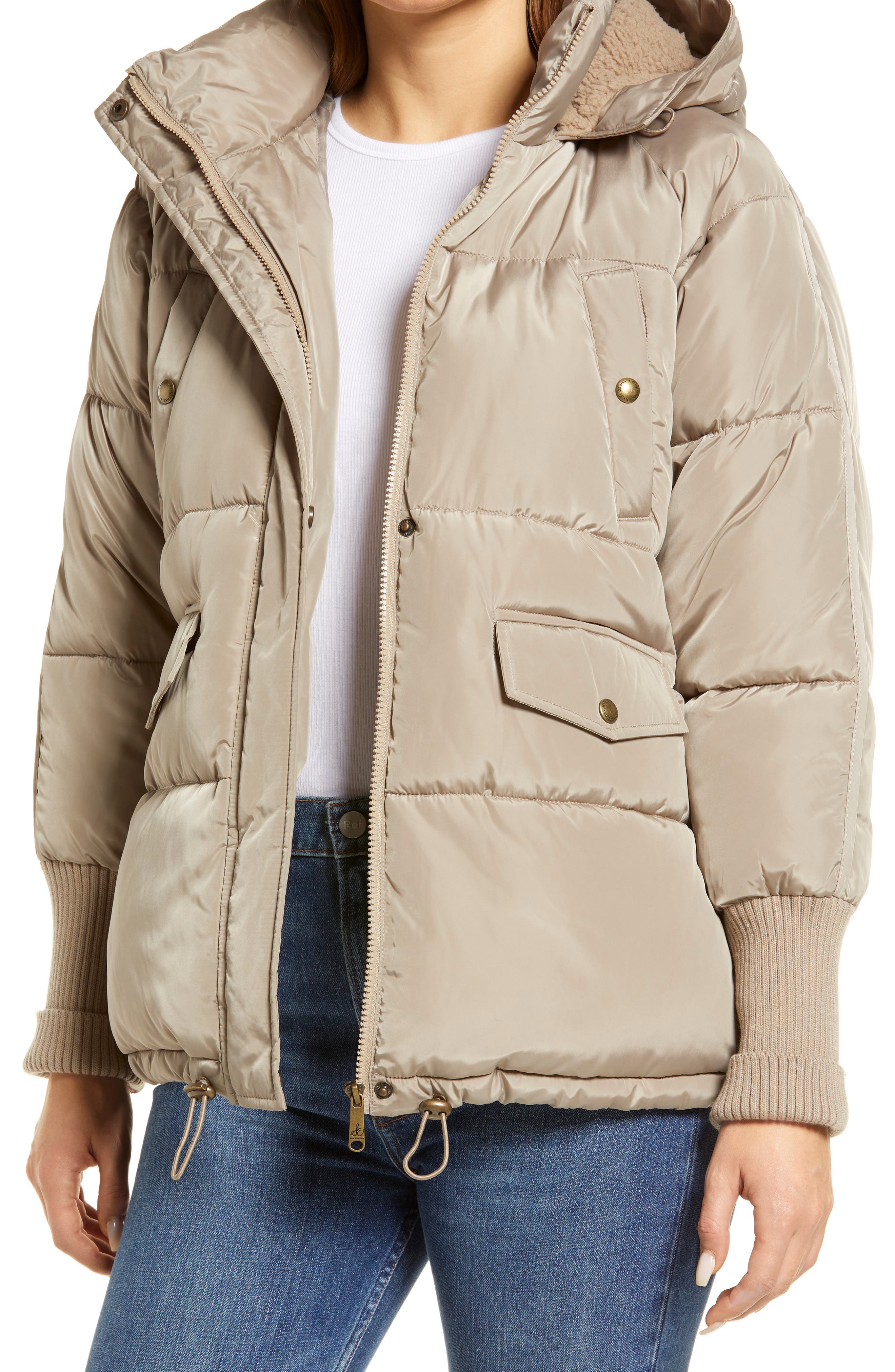 puffer jacket with hood beige