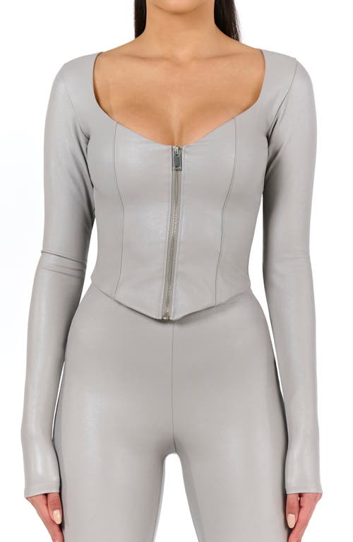 Naked Wardrobe Long Sleeve Zip-Up Faux Leather Top Light Grey at Nordstrom,