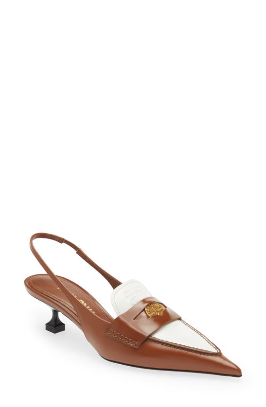 Miu Miu Kitten Heel Slingback Loafer In Tabacco/ Bianco