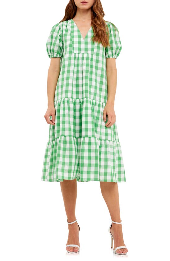 ENGLISH FACTORY ENGLISH FACTORY GINGHAM TIERED PUFF SLEEVE COTTON MIDI DRESS