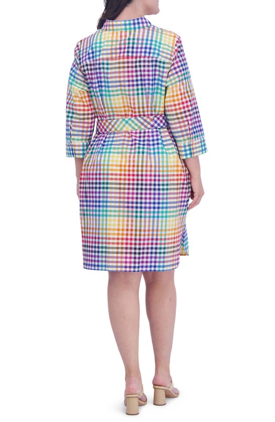 Shop Foxcroft Rocca Rainbow Gingham Belted Three-quarter Sleeve Cotton Shirtdress In Multi Plaid