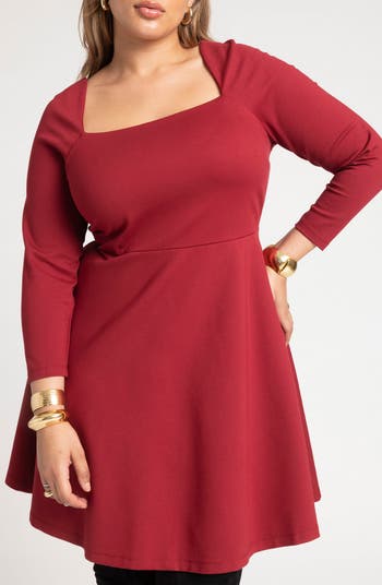 ELOQUII Square Neck Three Quarter Sleeve Fit Flare Dress Nordstrom