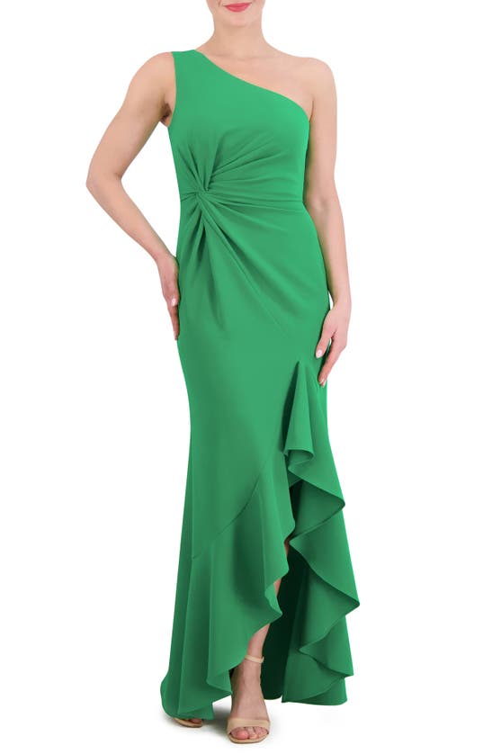 Shop Vince Camuto Ruffle Detail One-shoulder High-low Gown In Green
