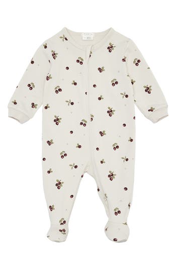 Shop Firsts By Petit Lem Cranberry Print Organic Cotton Fitted One-piece Pajamas In Bei Beige