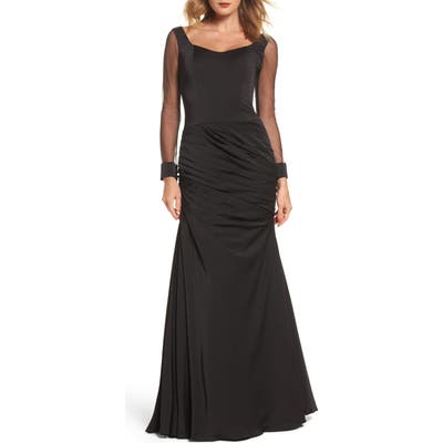 La Femme Sheer Sleeve Gown, Black