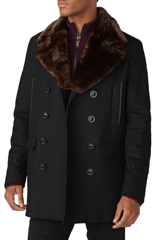 KARL LAGERFELD WOOL BLEND PEACOAT WITH FAUX FUR COLLAR