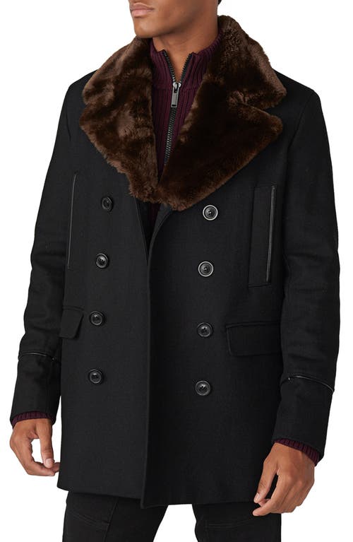 Karl Lagerfeld Paris Wool Blend Peacoat with Faux Fur Collar in Black/Brown