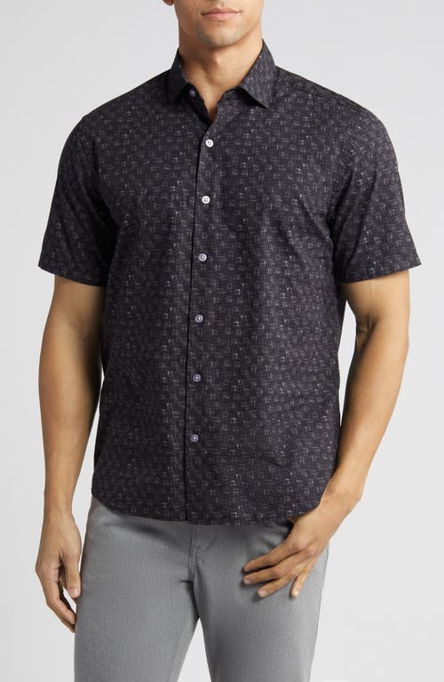 Robert Barakett Accent Geo Print Short Sleeve Button-Up Shirt Black at Nordstrom,