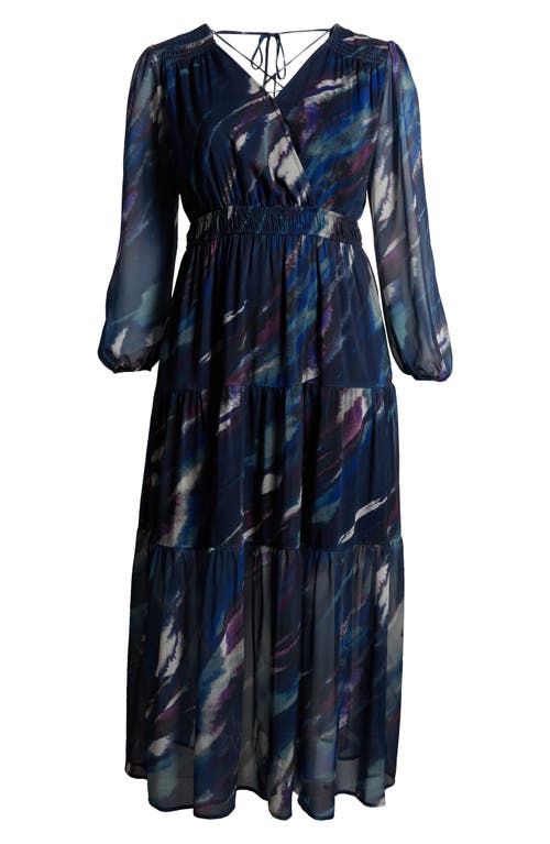 Shop Chelsea28 Tiered Long Sleeve Chiffon Dress In Navy Multi Watercolor