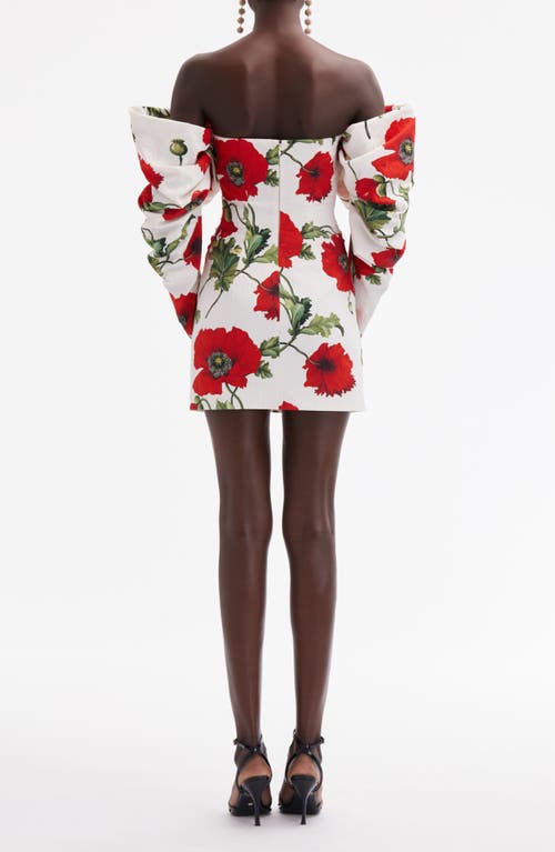 Shop Oscar De La Renta Poppies Off The Shoulder Long Sleeve Minidress In White/red