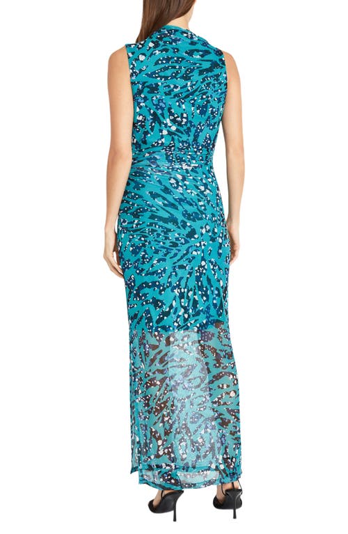 Shop Donna Morgan For Maggy Shirred Sleeveless Maxi Dress In Teal Aqua/blue