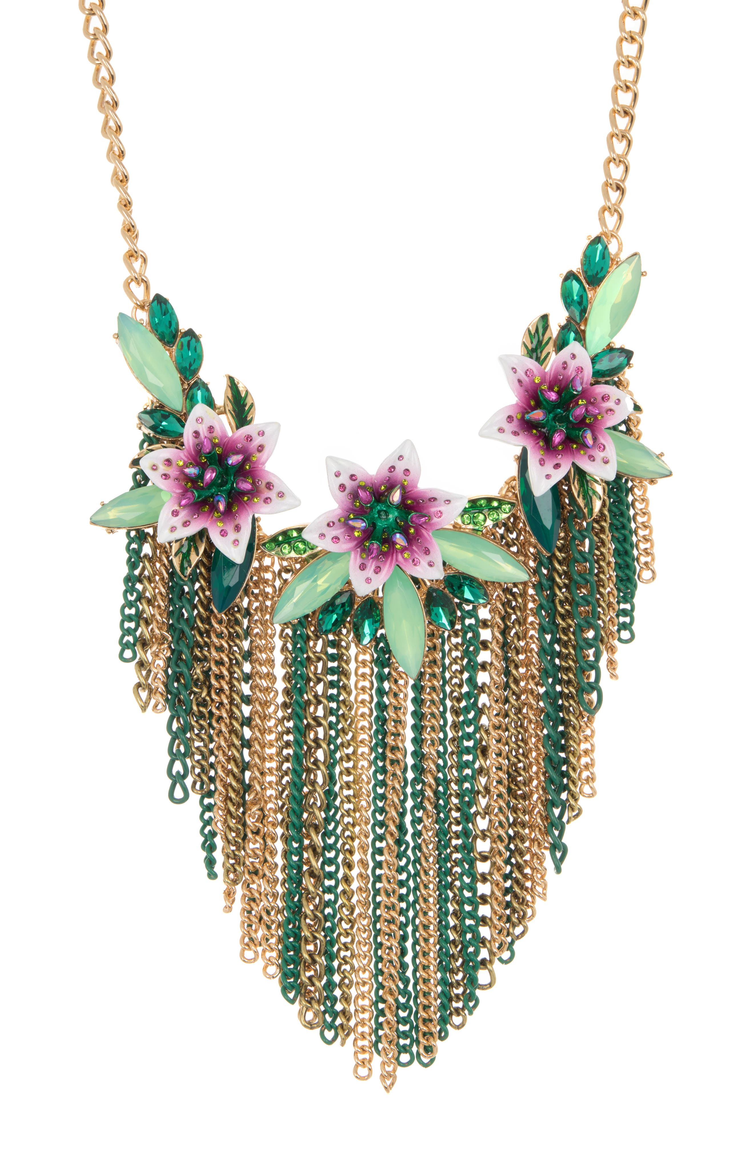 Betsey Johnson Lily Flower Fringe Statement Necklace In Green