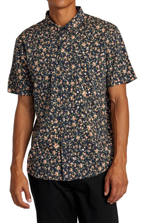 Shop Rvca Botanical Print Short Sleeve Button-up Shirt In Navy Marine