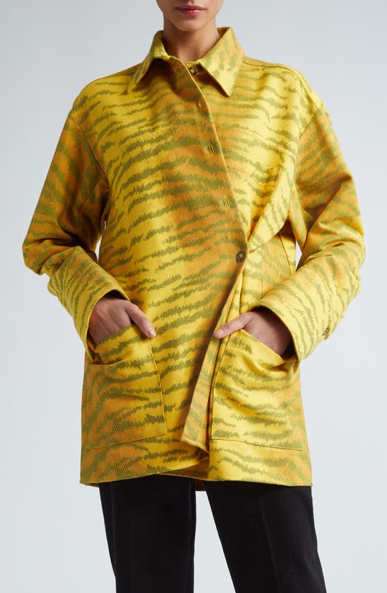 Shop Victoria Beckham Tiger Print Oversize Cotton Blend Shirt In Tiger Allover - Yellow/ Maple