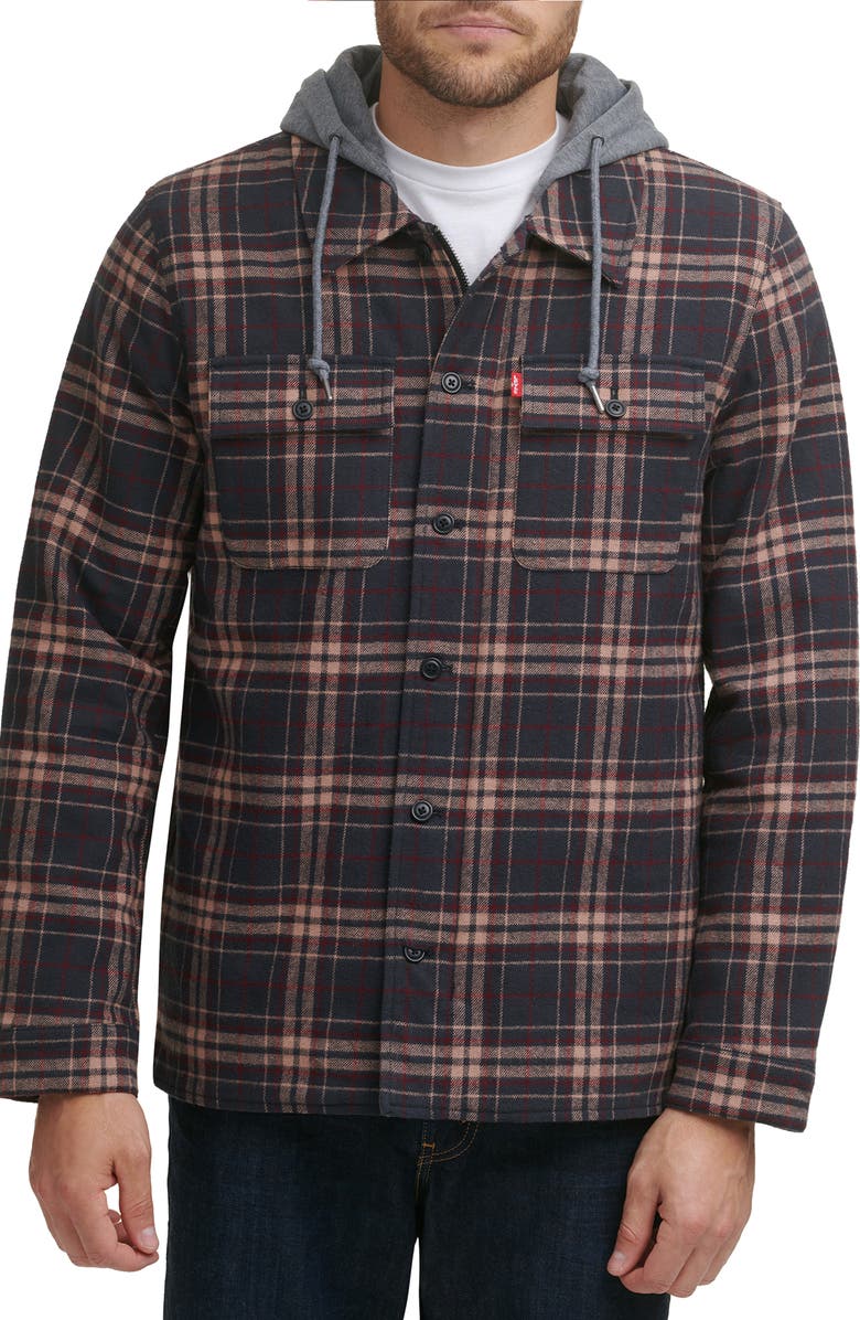 Levi's® Plaid Faux Shearling Lined Jersey Hood Shirt Jacket | Nordstromrack