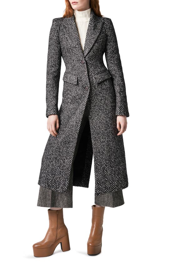 Smythe Brando Pagoda Herringbone Tweed Coat In Black/ White Herringbone