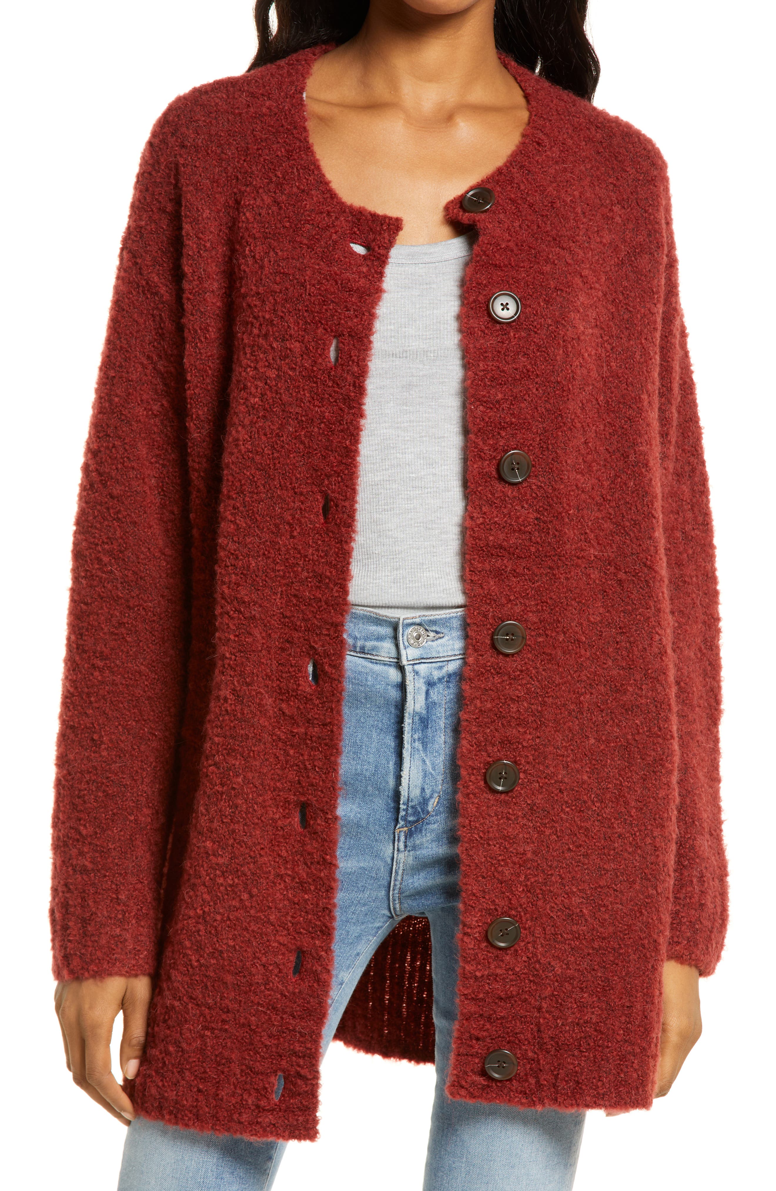 red cardigan sweater