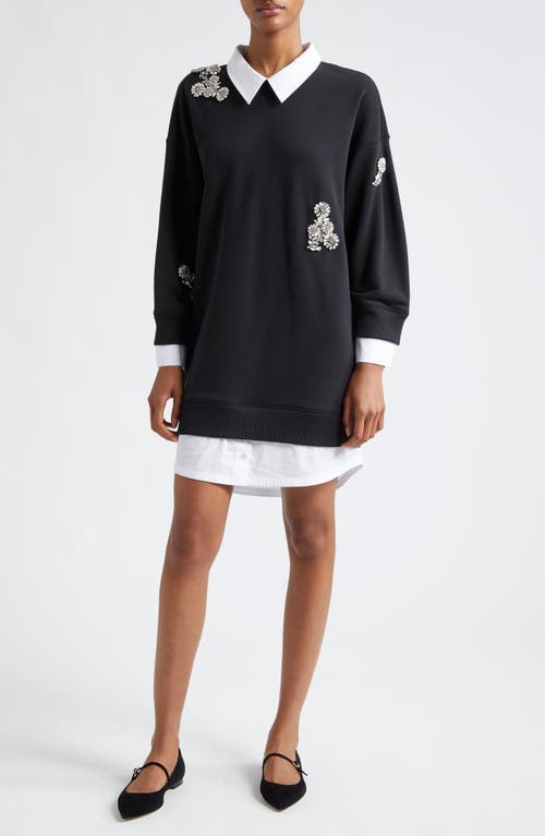 Shop Cinq À Sept Justina Crystal Chrysanthemum Long Sleeve Layered Cotton Blend Minidress In Black/white