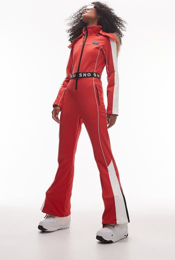 Hooded Belted Flare Leg Ski Suit with Faux Fur Trim