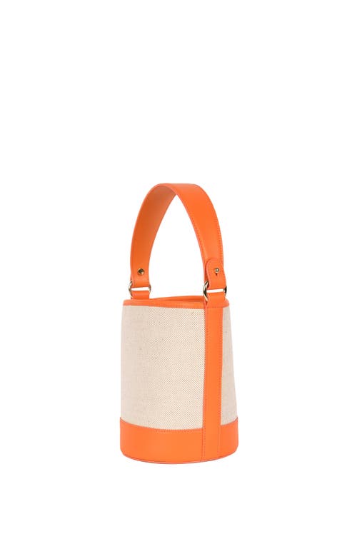 Shop Hyer Goods Canvas And Upcycled Leather Convertible Mini Bucket Bag In Linen/orange