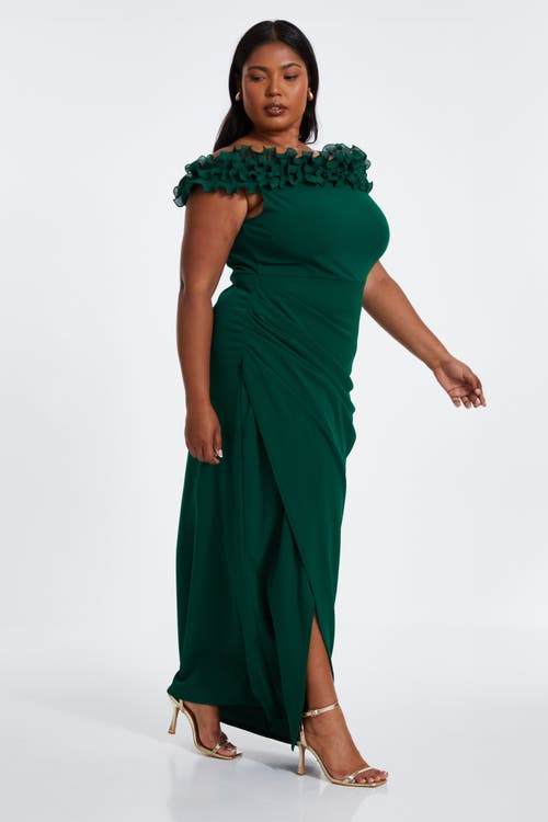 Shop Quiz Plus Size Scuba Crepe Ruffle Bardot Maxi Dress In Bottle Green