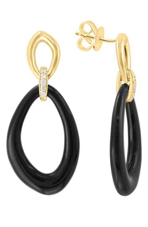 14K Yellow Gold Pavé Diamond Onyx Drop Earrings - 0.09ct.