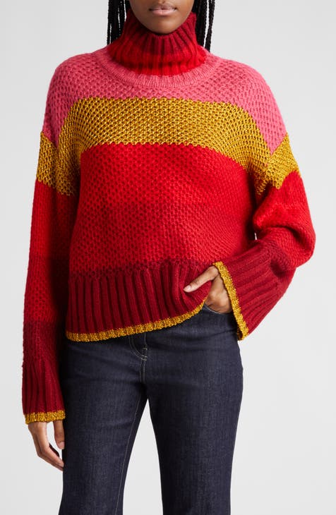 Shiny Stripe Colorblock Turtleneck Sweater