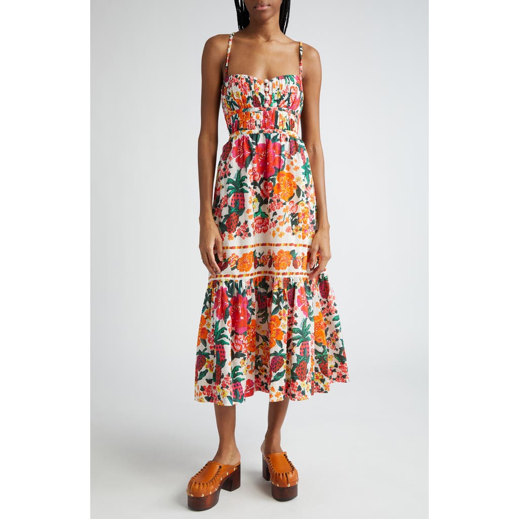 Farm Rio Floral Sketch Tiered Cotton Midi Dress In Floral Sketch White