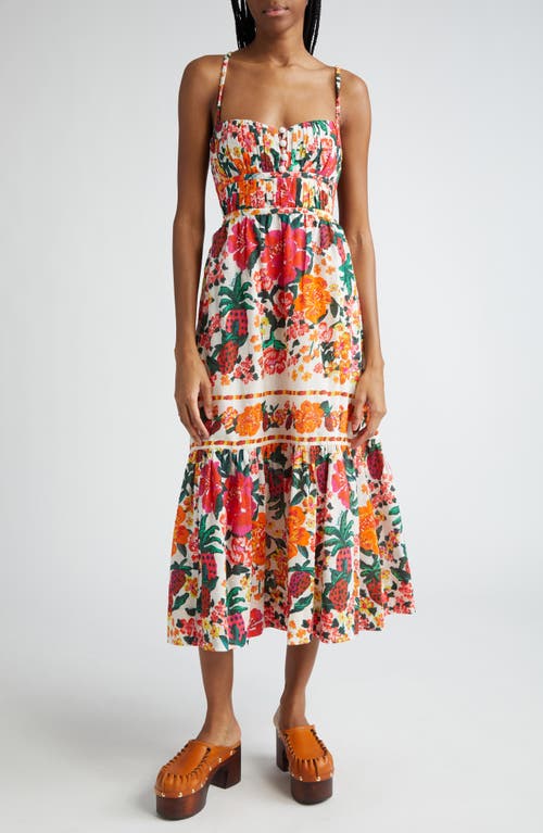 FARM Rio Floral Sketch Tiered Cotton Midi Dress White at Nordstrom,