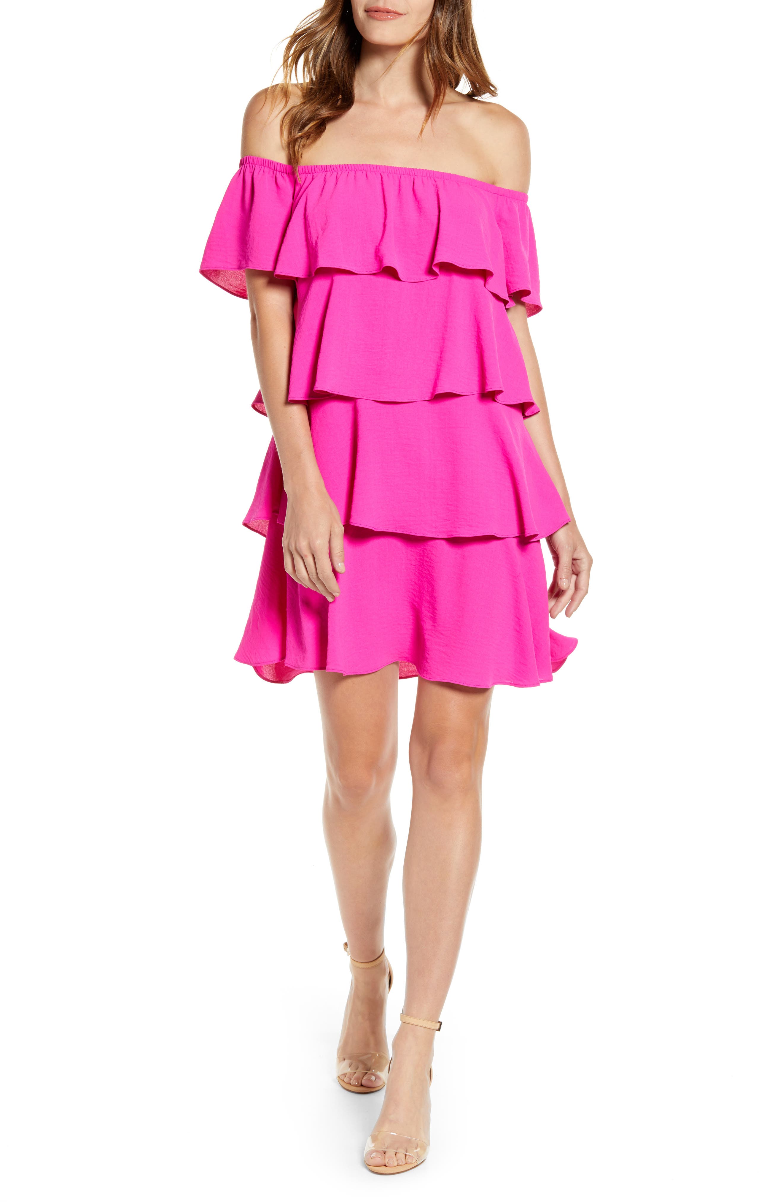  x Hot Summer Nights Natalie Off The Shoulder Ruffle Dress, Main, color, HOT PINK