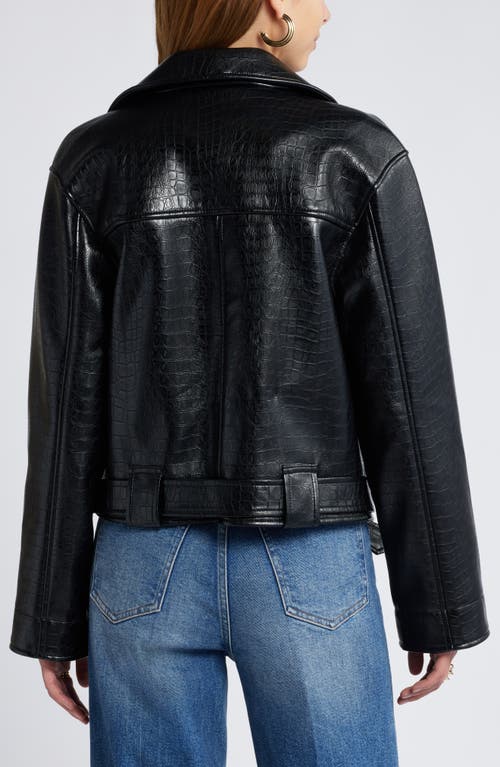 Shop Open Edit Belted Oversize Croc Embossed Faux Leather Moto Jacket In Black