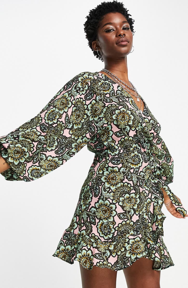 TOPSHOP Volume Sleeve Faux Wrap Minidress, Main, color, PINK MULTI