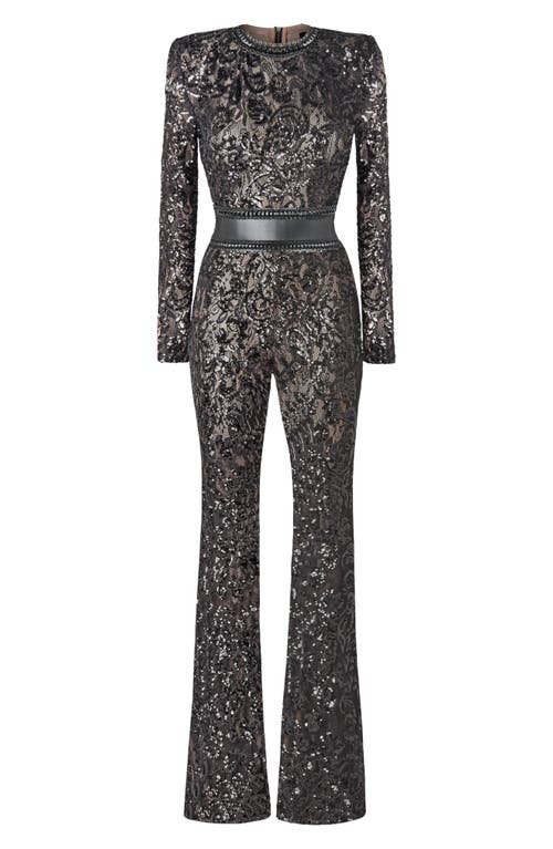 Shop Nadine Merabi Bella Long Sleeve Beaded Lace Jumpsuit In Black