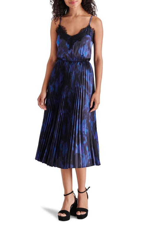 Steve Madden Maira Lace Trim Pleated Midi Dress in Blue Multi at Nordstrom, Size Small