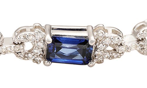 Suzy Levian Sterling Silver Emerald-cut Blue Sapphire And Diamond Accent Tennis Bracelet In Blue