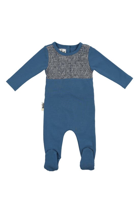 Maniere Metallic Smocked Bodice Footie In Denim Blue