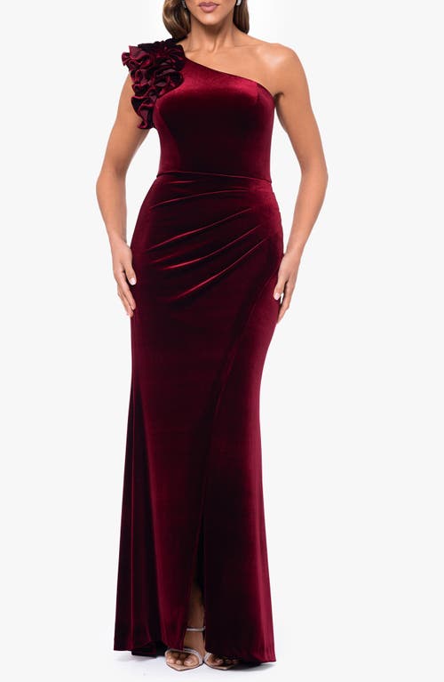 Xscape Evenings One-shoulder Ruffle Velvet Gown In Burgundy