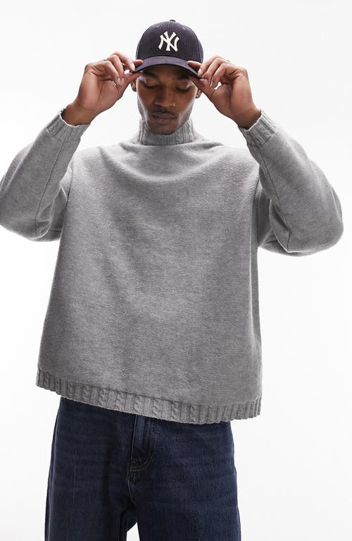 Topman Cable Stitch Trim Mock Neck Sweater in Charcoal at Nordstrom, Size X-Small