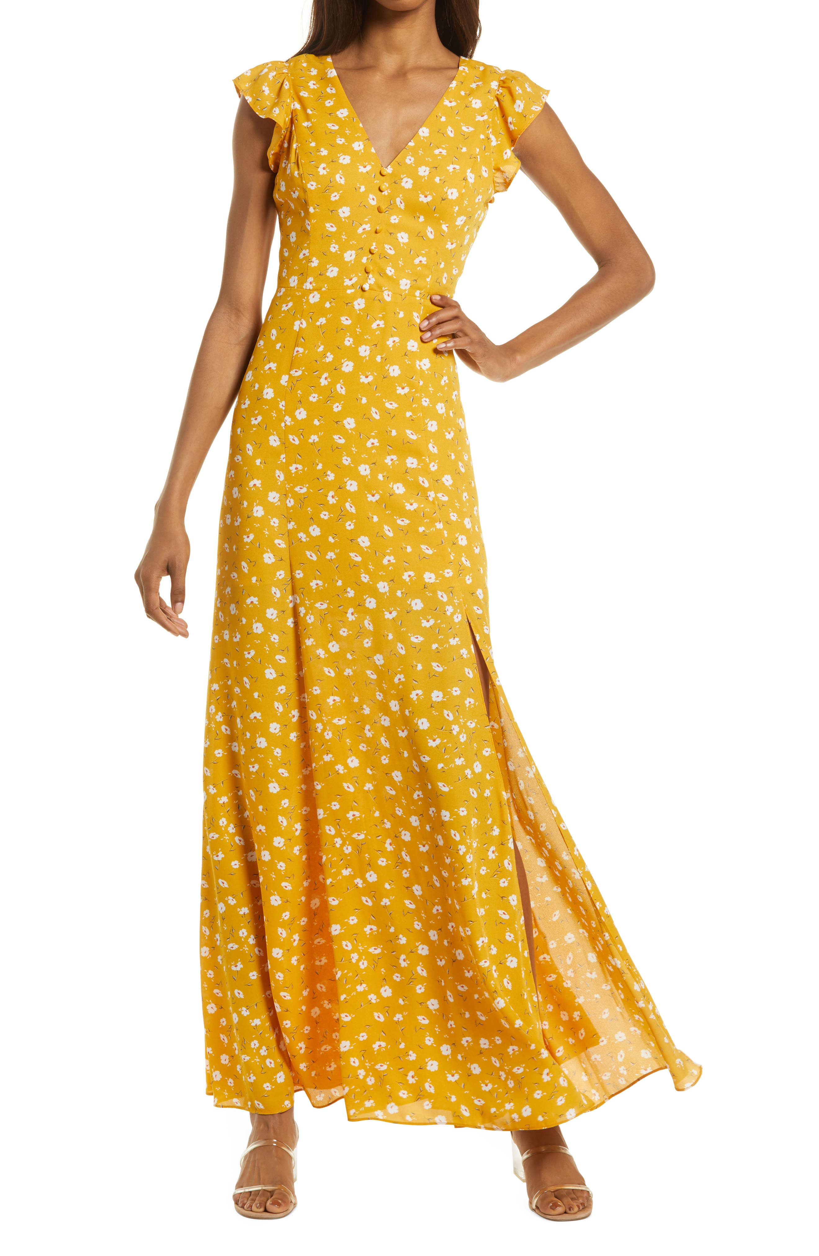 yellow dress with red roses