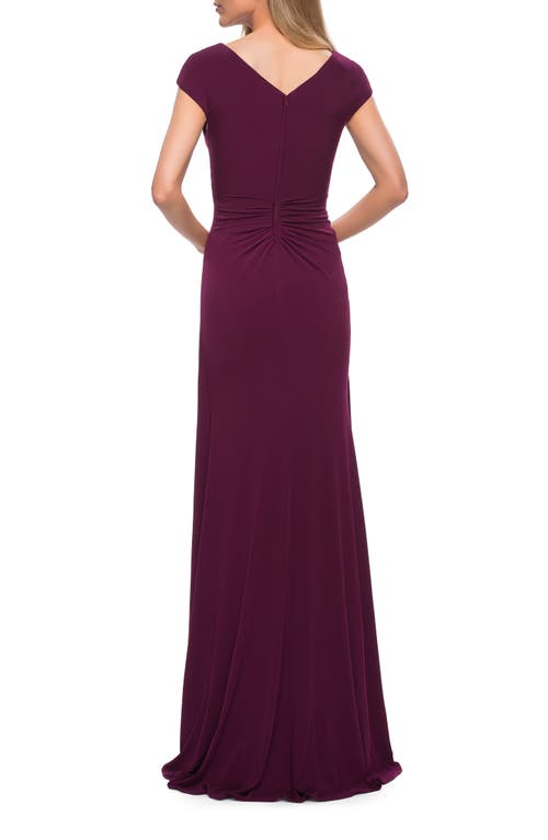La Femme Jersey Dress With Knot At Waist And Short Sleeves In Dark Berry