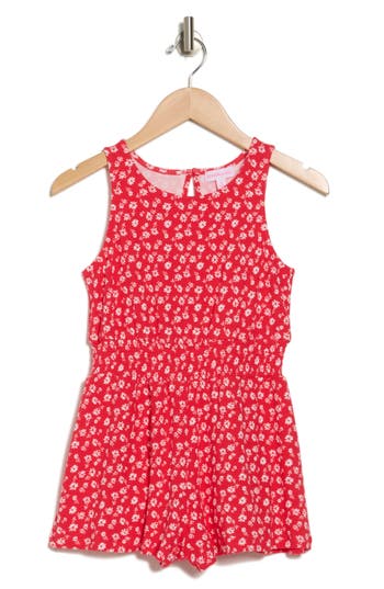 Design History Kids' Floral Print Cotton Romper In Red
