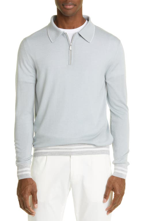 Eleventy Tipped Long Sleeve Merino Wool & Silk Zip Polo Sweater in Denim - Gray - White at Nordstrom, Size Xx-Large
