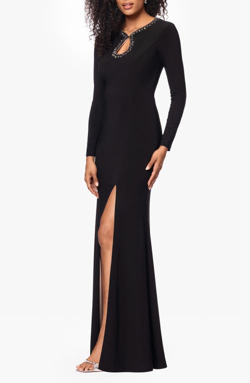 Xscape Evenings Beaded Keyhole Neck Long Sleeve Body-con Gown In Black/nude/silver