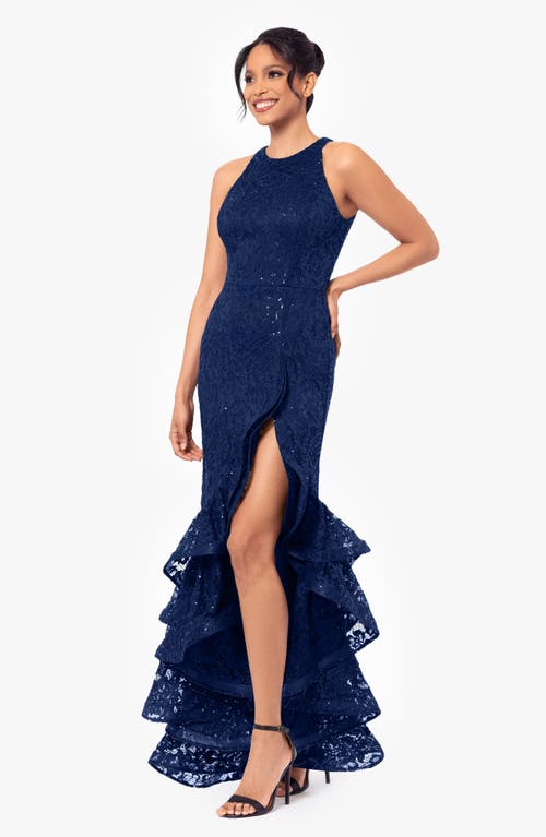 Betsy & Adam Women's Sequined Lace Ruffle-hem Gown In Navy