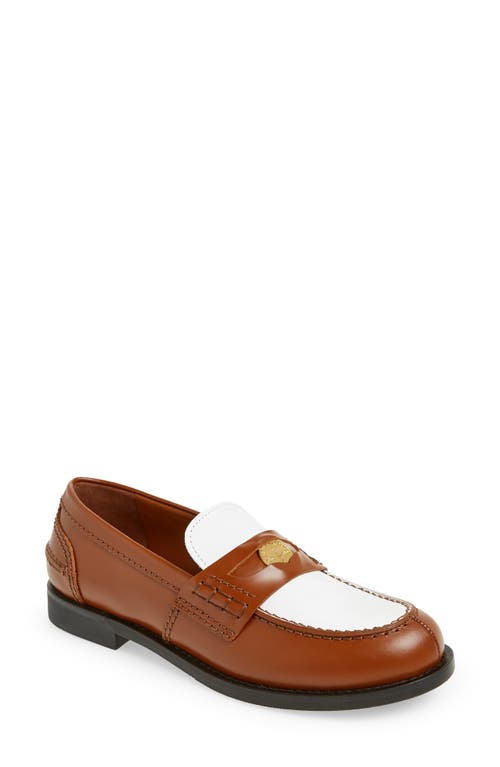 Miu Miu Colourblock Penny Loafer In Cognac/white