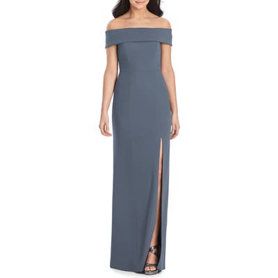 Dessy Collection Off The Shoulder Side Slit Crepe Gown, Grey