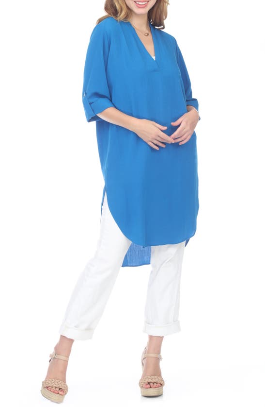 Rain And Rose Notched Neck Tunic Blouse In Cobalt