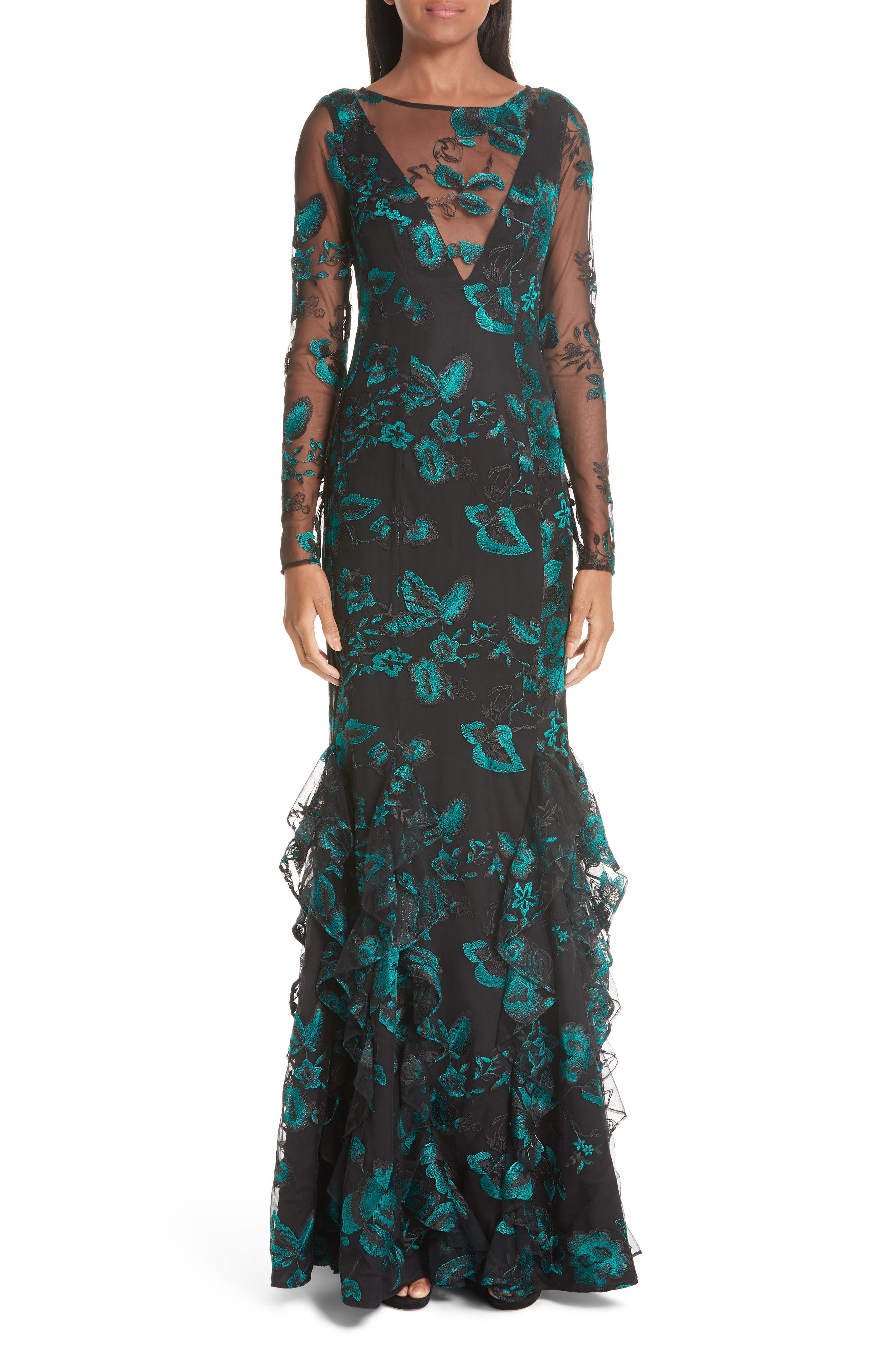 Zac Zac Posen Lindsay Print Ruffle Mesh Evening Dress