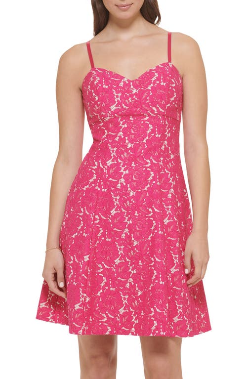 Shop Guess Bonded Lace Fit & Flare Dress In Hot Pink/nude