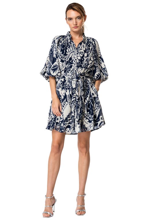 Shop Ciebon Anison Balloon Sleeve Plissé Chiffon Shirtdress In Navy Multi